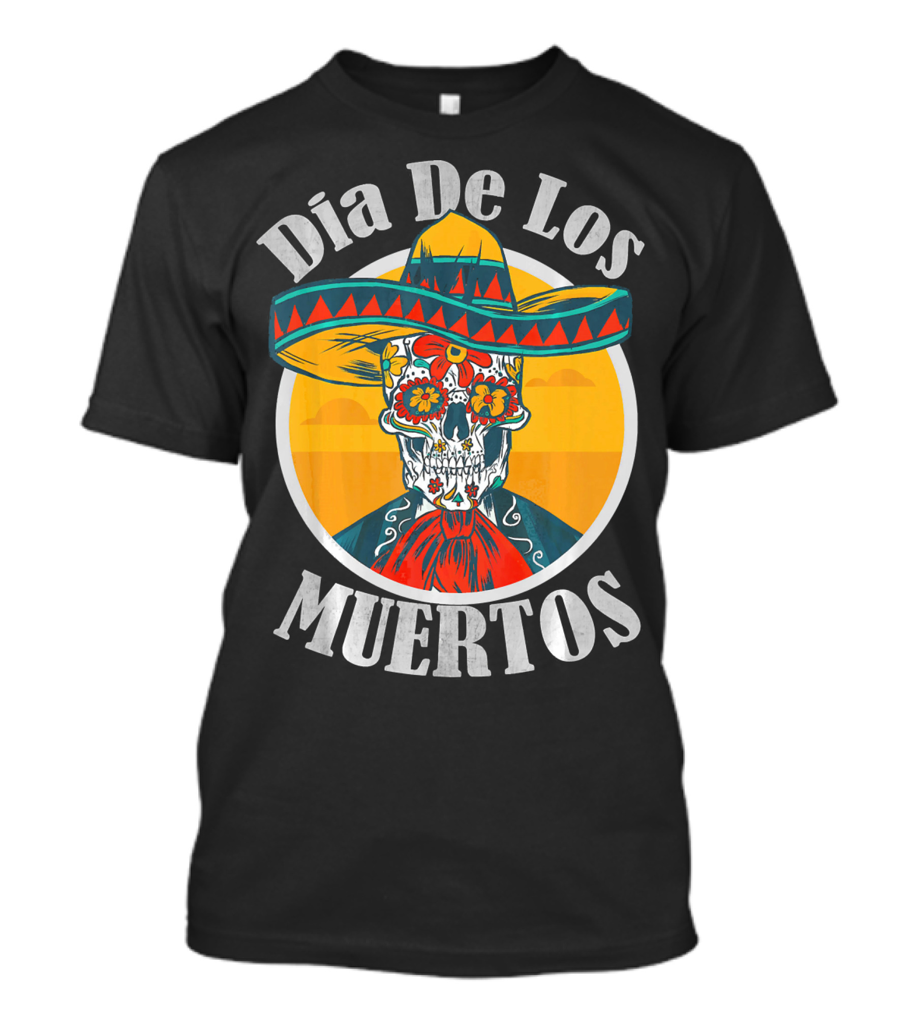 Dia De Los Muertos Skull With Sombrero And Floral Decoration T-Shirt