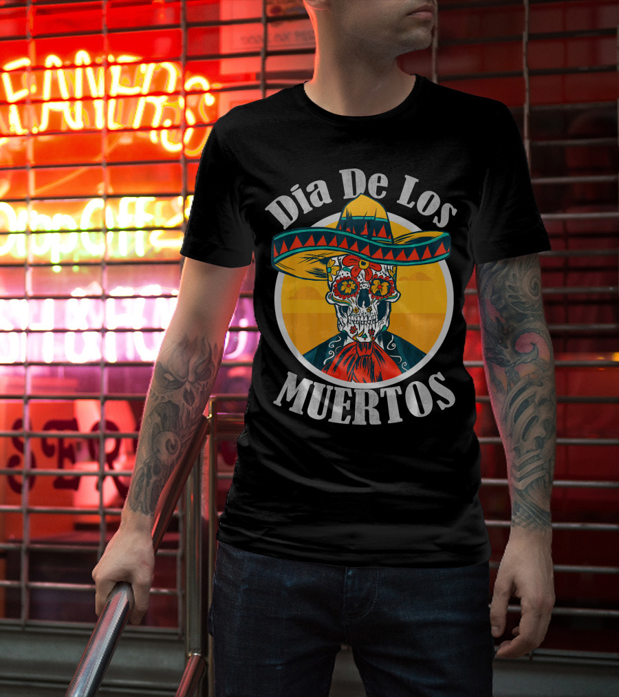 Dia De Los Muertos Skull With Sombrero And Floral Decoration T-Shirt