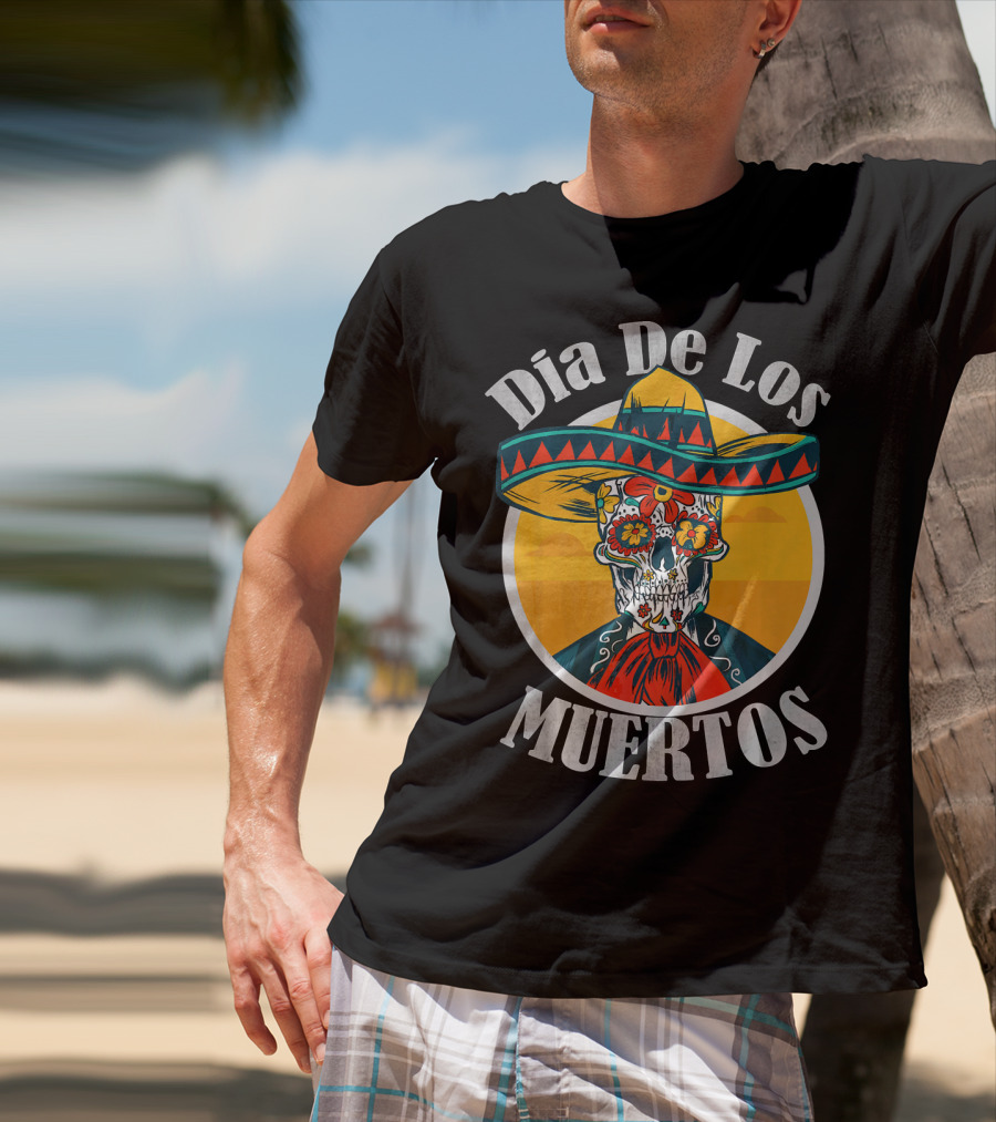 Dia De Los Muertos Skull With Sombrero And Floral Decoration T-Shirt