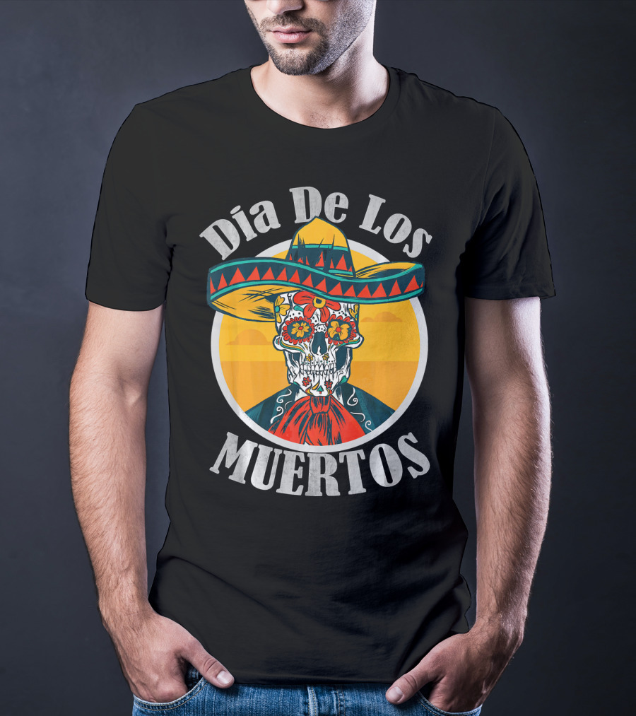Dia De Los Muertos Skull With Sombrero And Floral Decoration T-Shirt