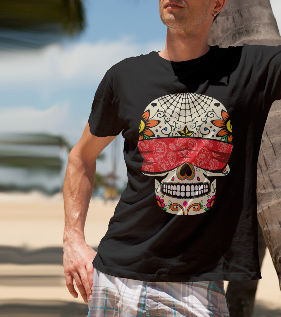 See No Evil Sugar Skull With Red Bandana And Floral Motifs T-Shirt