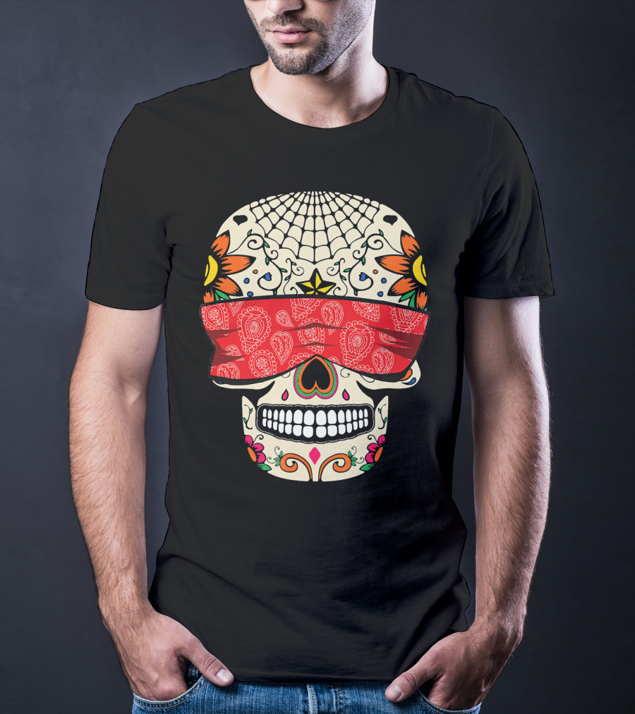 See No Evil Sugar Skull With Red Bandana And Floral Motifs T-Shirt