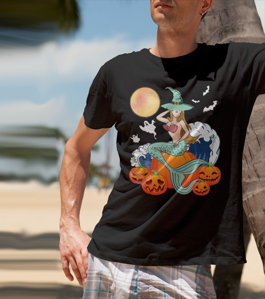 Scary Moon Pumpkin Ghosts Mermaid Witch With Jack-O'-Lanterns And Bats T-Shirt