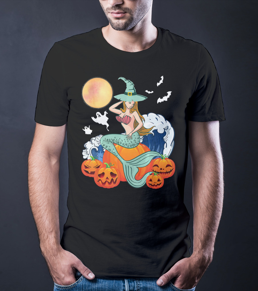 Scary Moon Pumpkin Ghosts Mermaid Witch With Jack-O'-Lanterns And Bats T-Shirt