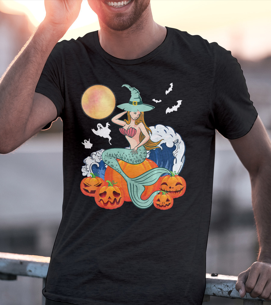 Scary Moon Pumpkin Ghosts Mermaid Witch With Jack-O'-Lanterns And Bats T-Shirt