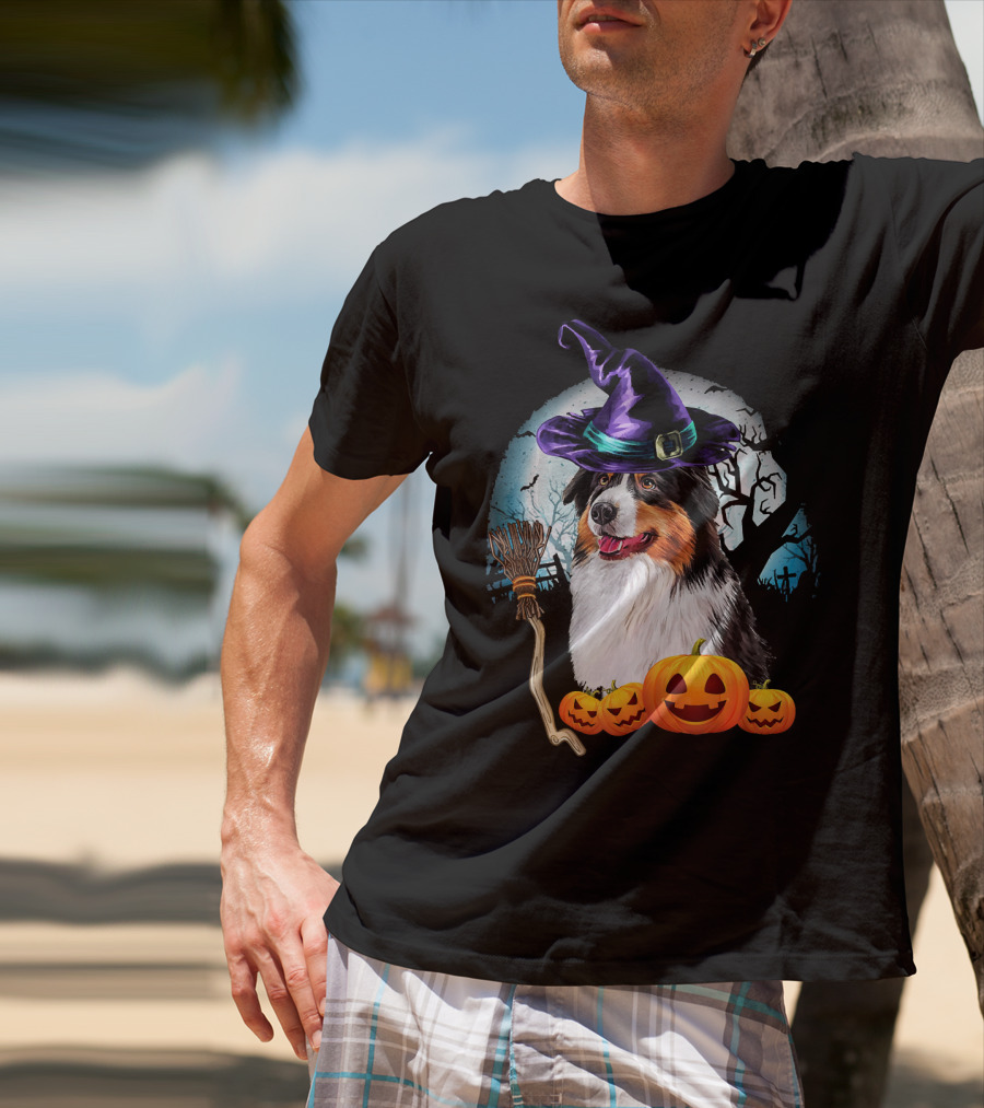Australian Shepherd Halloween Witch Hat Dog With Pumpkins And Broomstick T-Shirt