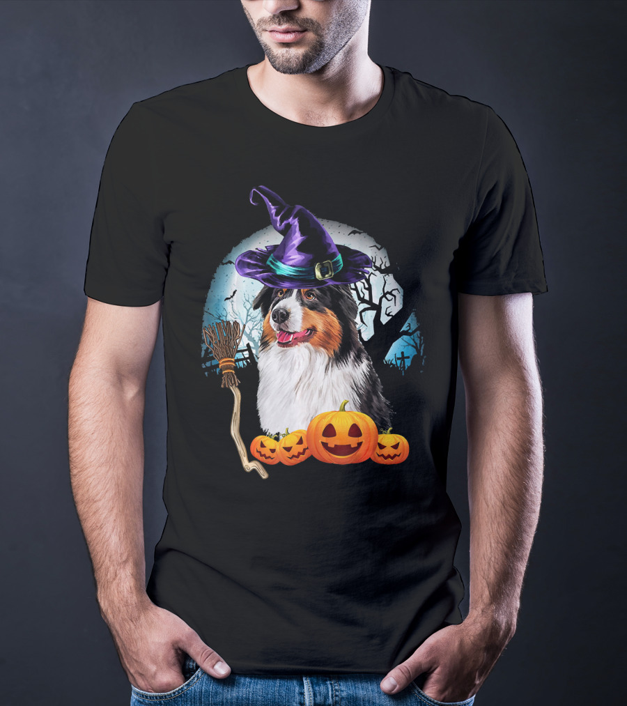 Australian Shepherd Halloween Witch Hat Dog With Pumpkins And Broomstick T-Shirt