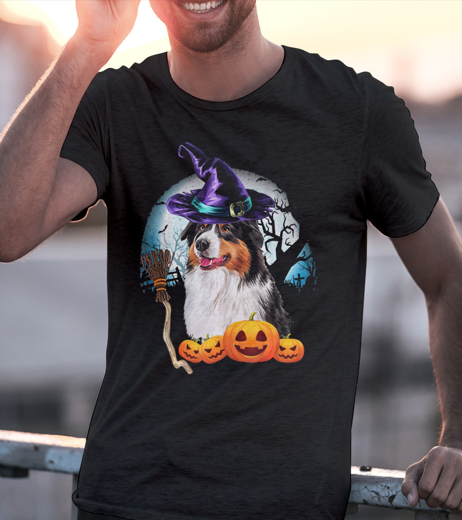 Australian Shepherd Halloween Witch Hat Dog With Pumpkins And Broomstick T-Shirt