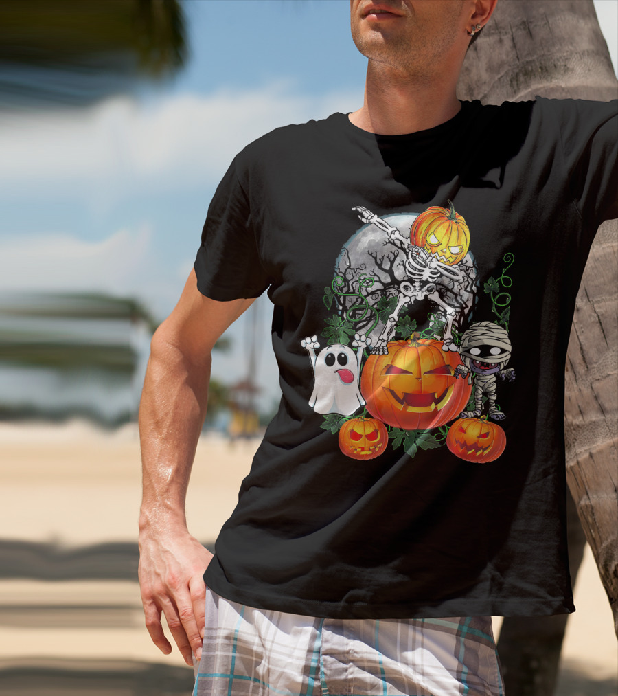 Dabbing Skeleton Pumpkin Ghost Mummy Halloween Moon Scene T-Shirt