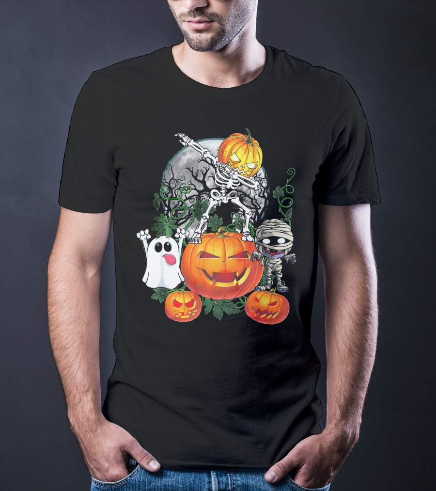 Dabbing Skeleton Pumpkin Ghost Mummy Halloween Moon Scene T-Shirt