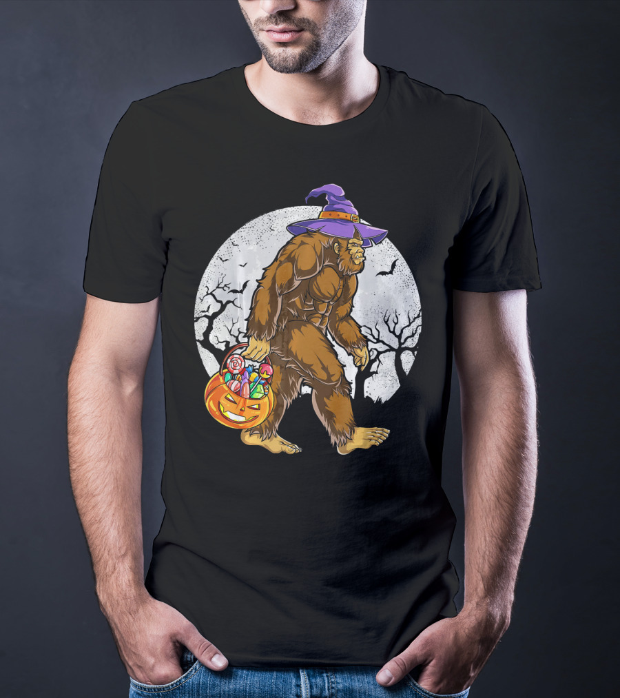 Bigfoot Witch Carrying Pumpkin Candy Basket In Spooky Moonlit Forest T-Shirt