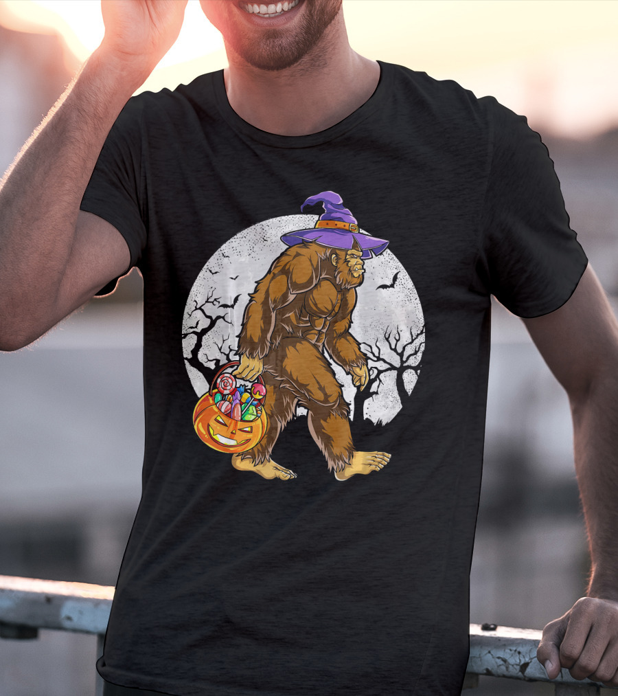 Bigfoot Witch Carrying Pumpkin Candy Basket In Spooky Moonlit Forest T-Shirt