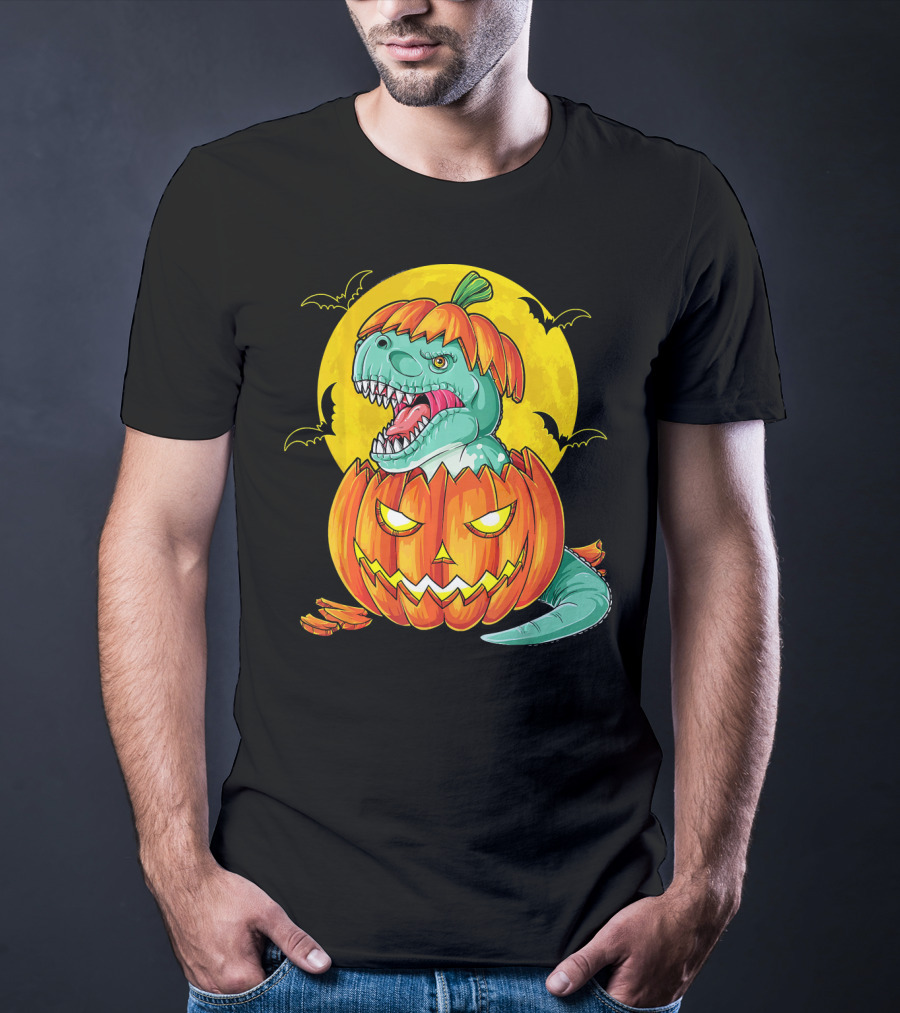 Dinosaur Pumpkin Halloween Moon Bats T-Shirt