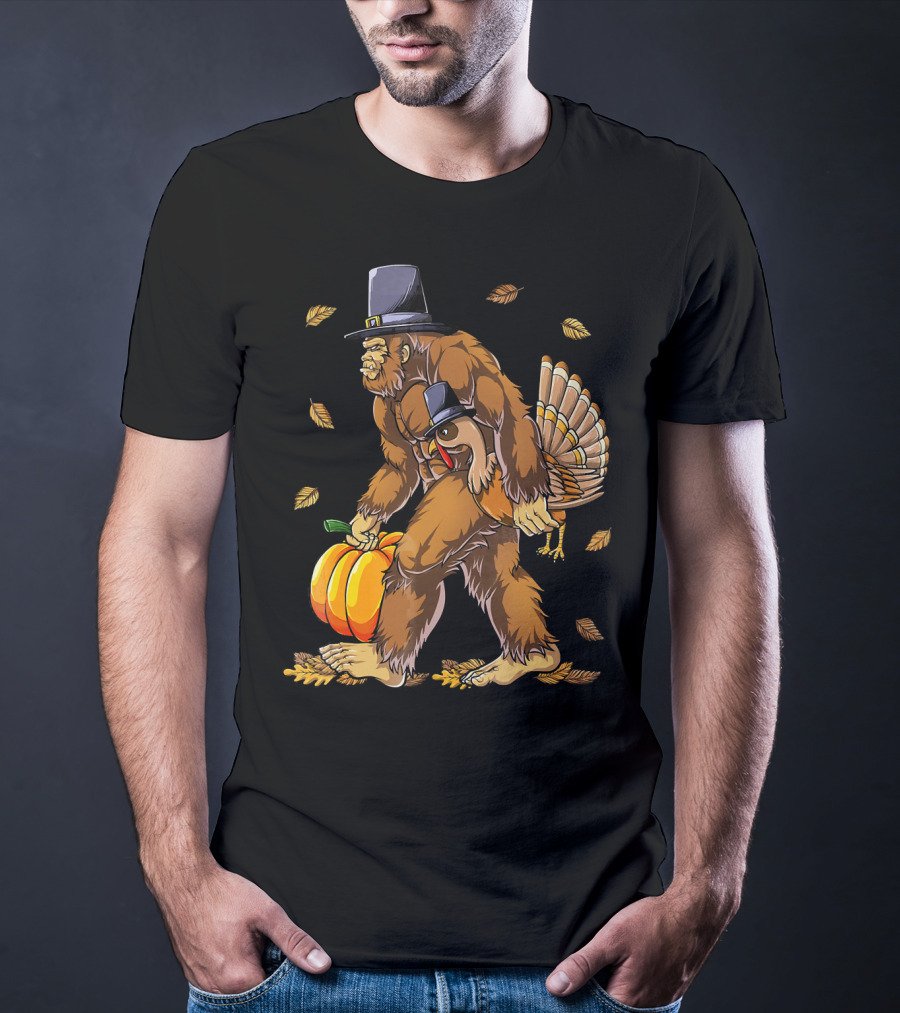 Thanksgiving Bigfoot Pilgrim Turkey Pumpkin Autumn Leaves T-Shirt