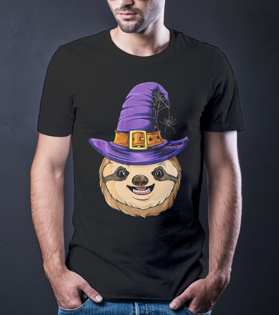 Sloth Witch Halloween Purple Hat Spider T-Shirt