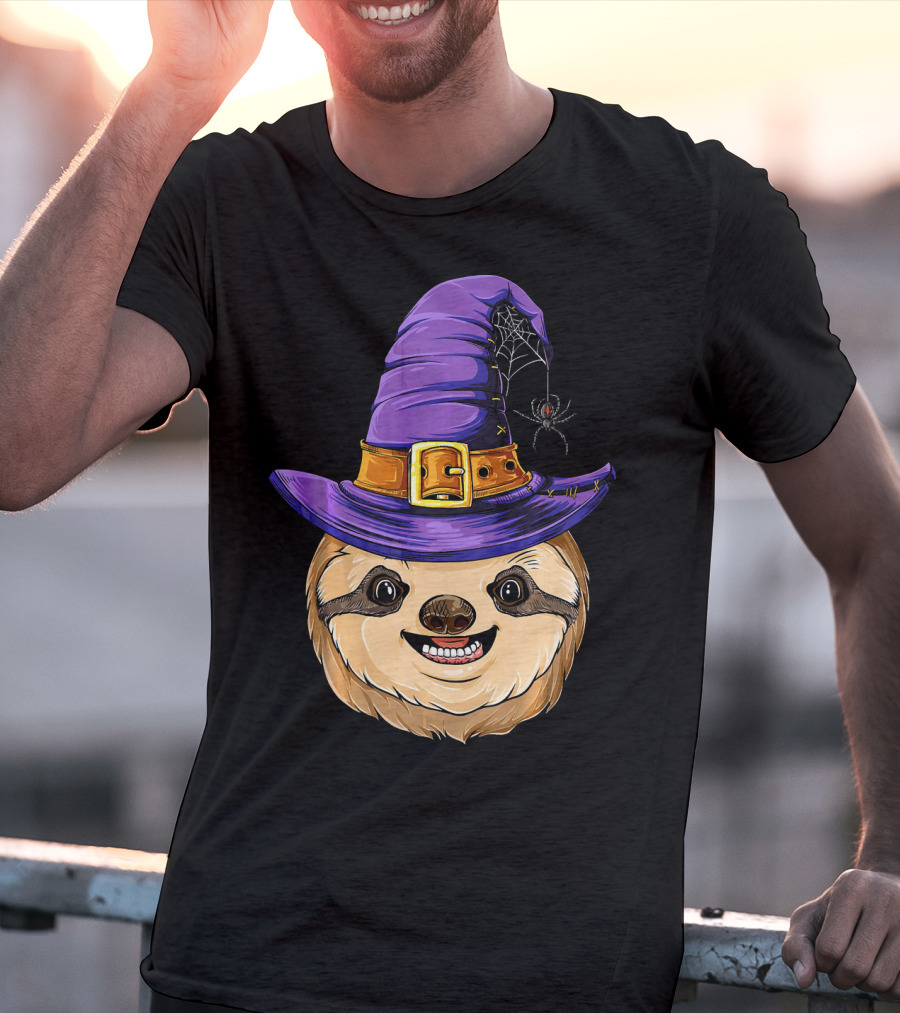 Sloth Witch Halloween Purple Hat Spider T-Shirt