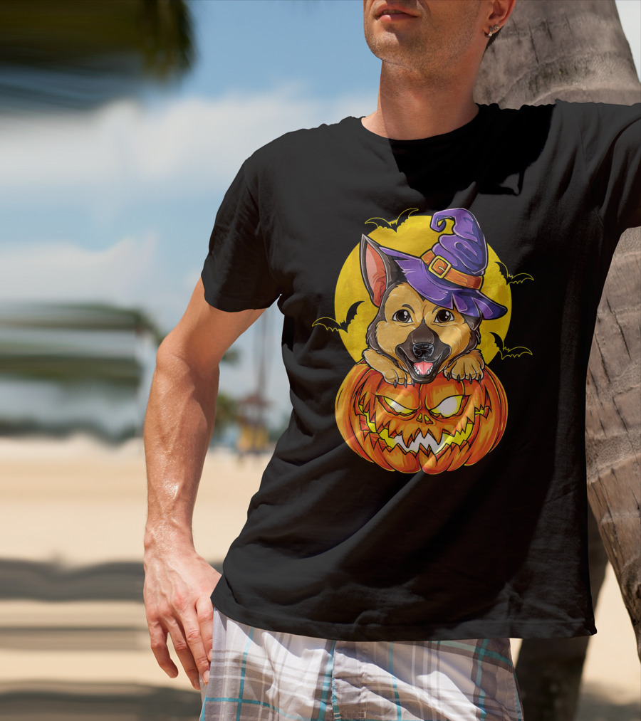 German Shepherd Pumpkin With Witch Hat And Bats T-Shirt