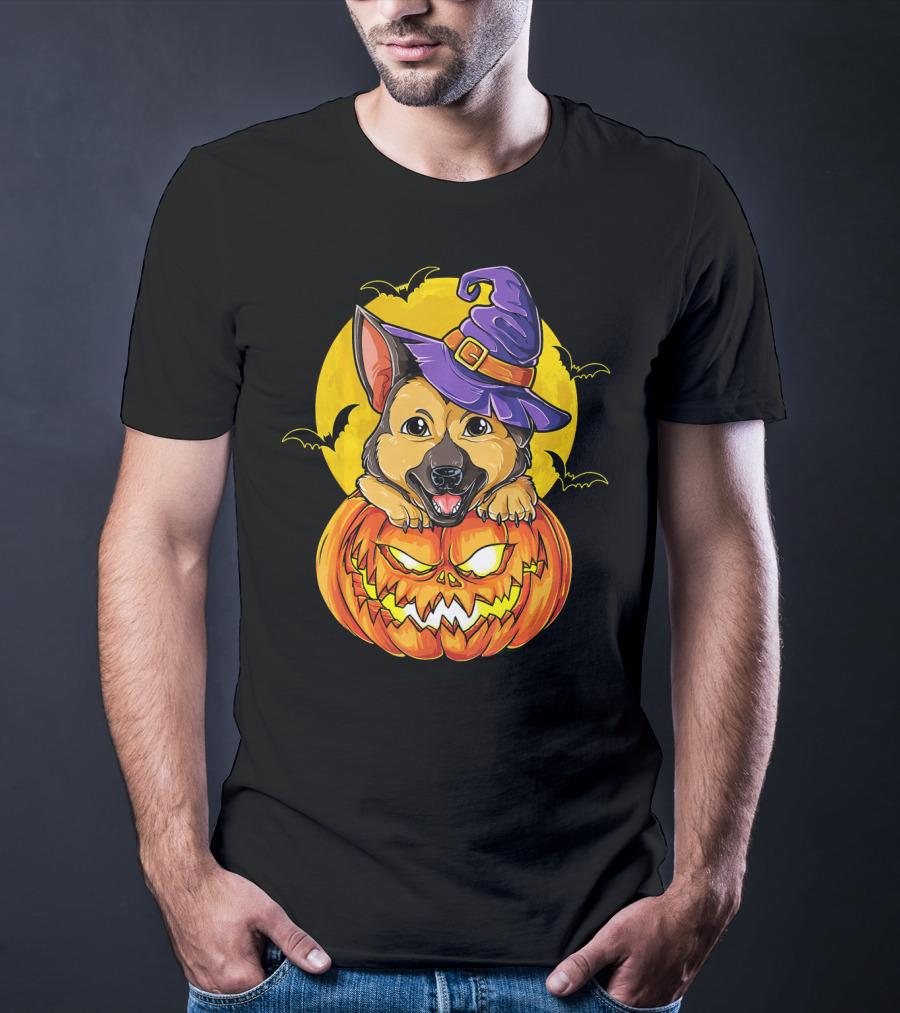 German Shepherd Pumpkin With Witch Hat And Bats T-Shirt