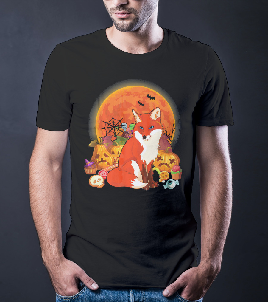 Funny Fox Halloween Full Moon Pumpkin Candy Scene T-Shirt