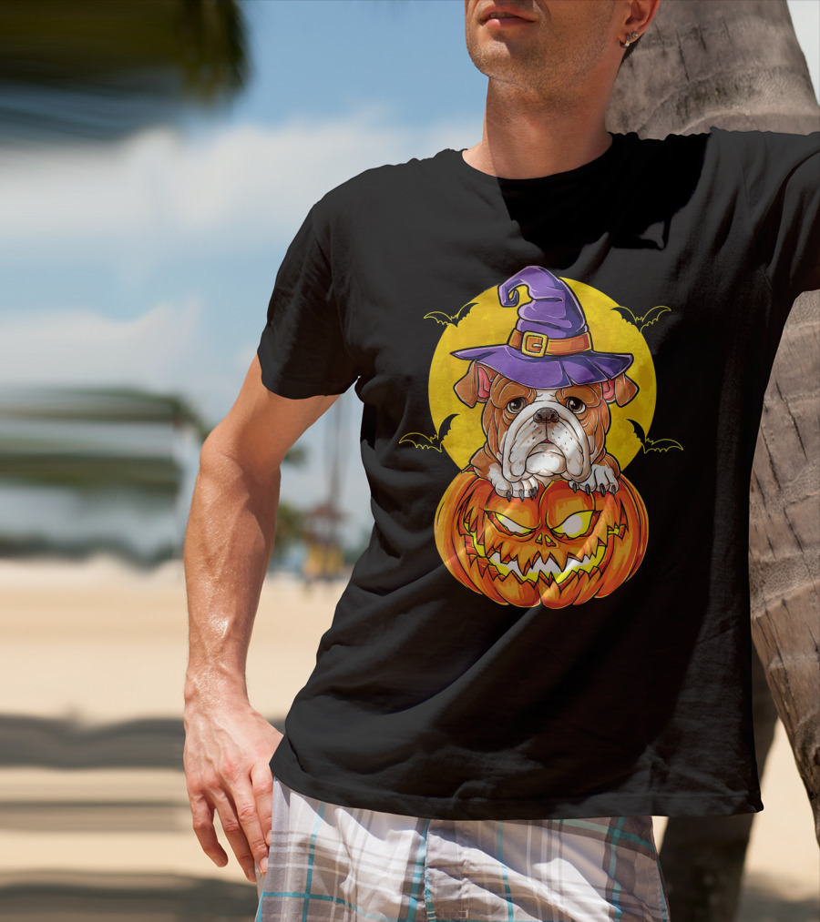 English Bulldog Halloween Witch Pumpkin Moon T-Shirt