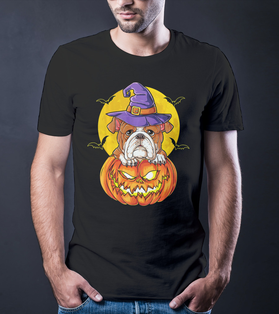 English Bulldog Halloween Witch Pumpkin Moon T-Shirt