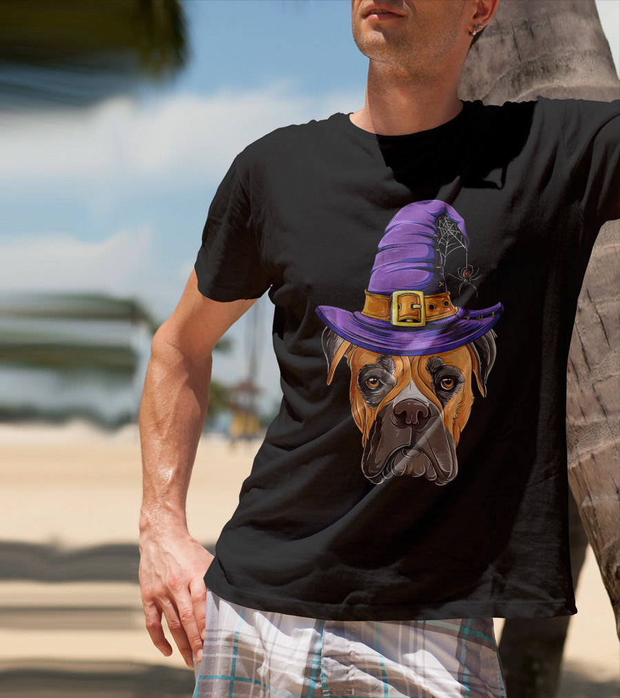 Boxer Dog Halloween Witch Hat Spider T-Shirt