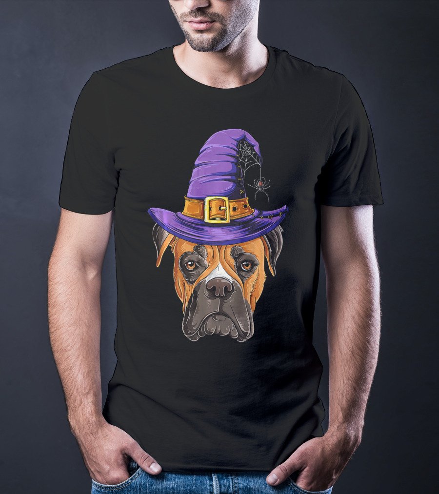 Boxer Dog Halloween Witch Hat Spider T-Shirt