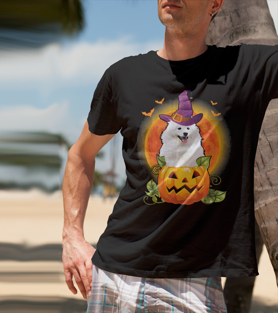 Samoyed Dog Witch Hat Pumpkin Halloween Moon T-Shirt