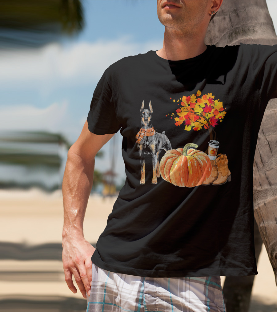 Doberman Pinscher Scarf Pumpkin Spice Autumn Boots Cozy Fall Leaves T-Shirt