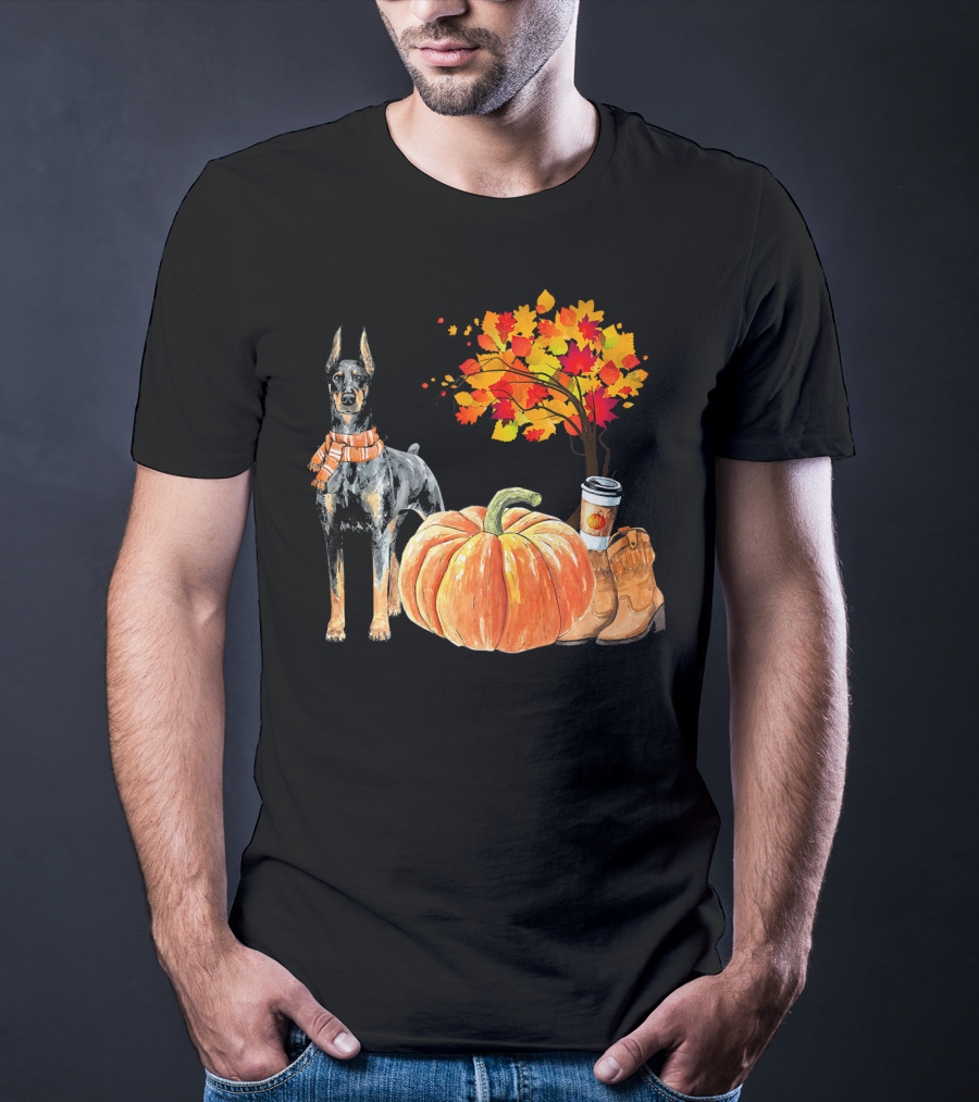 Doberman Pinscher Scarf Pumpkin Spice Autumn Boots Cozy Fall Leaves T-Shirt