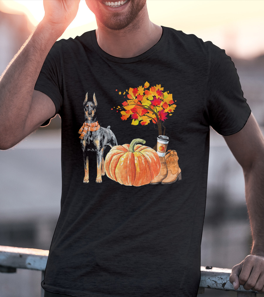 Doberman Pinscher Scarf Pumpkin Spice Autumn Boots Cozy Fall Leaves T-Shirt