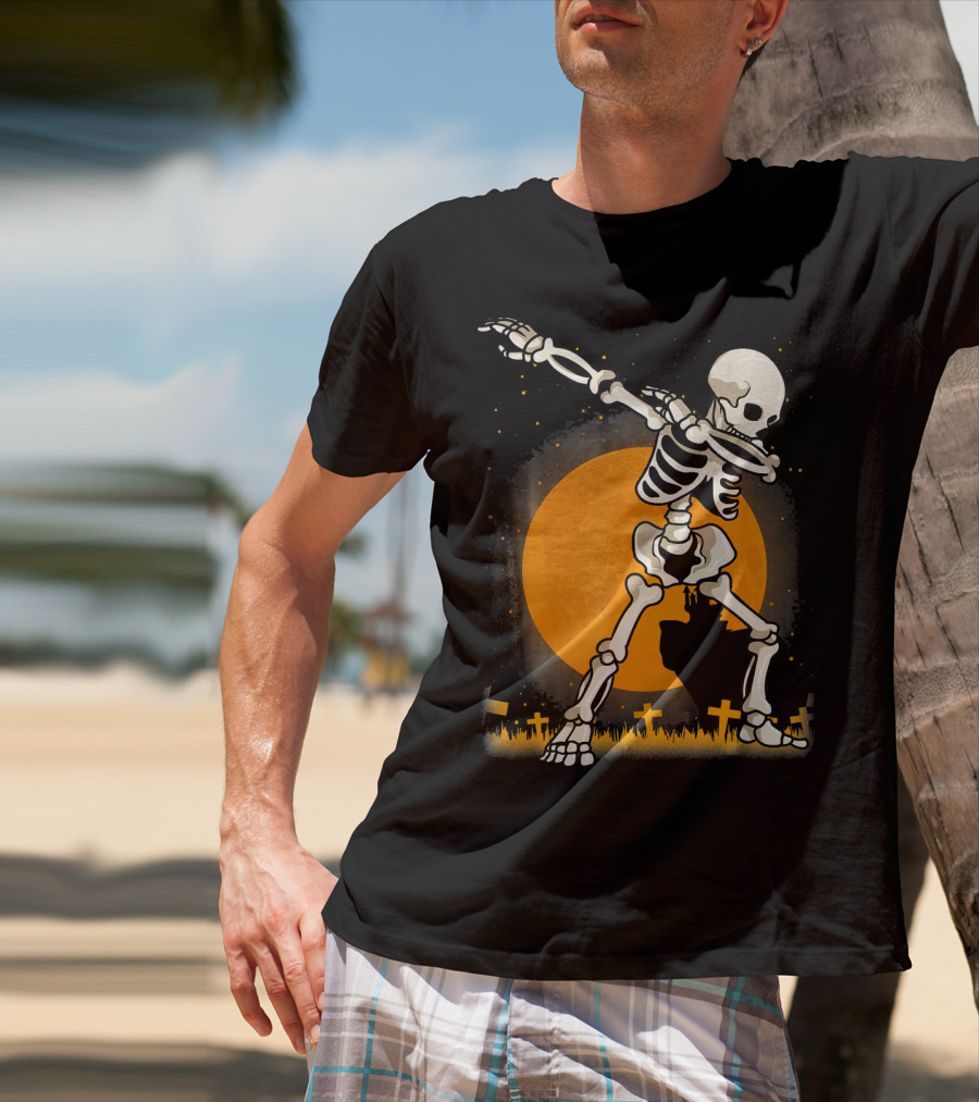 Halloween Skeleton Dabbing In Graveyard With Full Moon T-Shirt