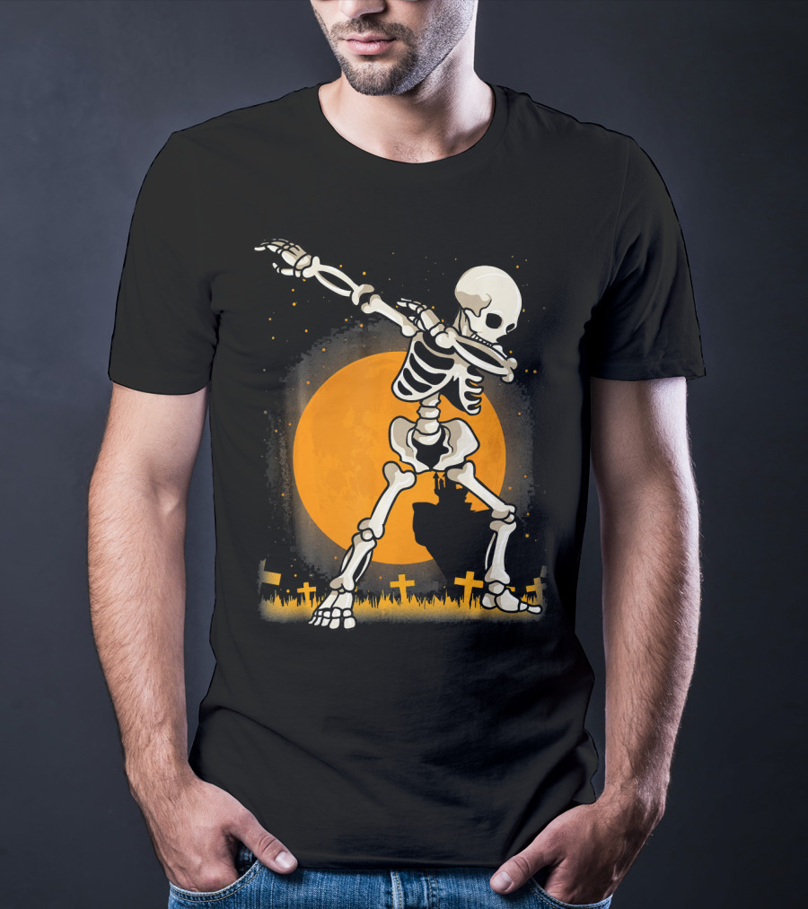 Halloween Skeleton Dabbing In Graveyard With Full Moon T-Shirt