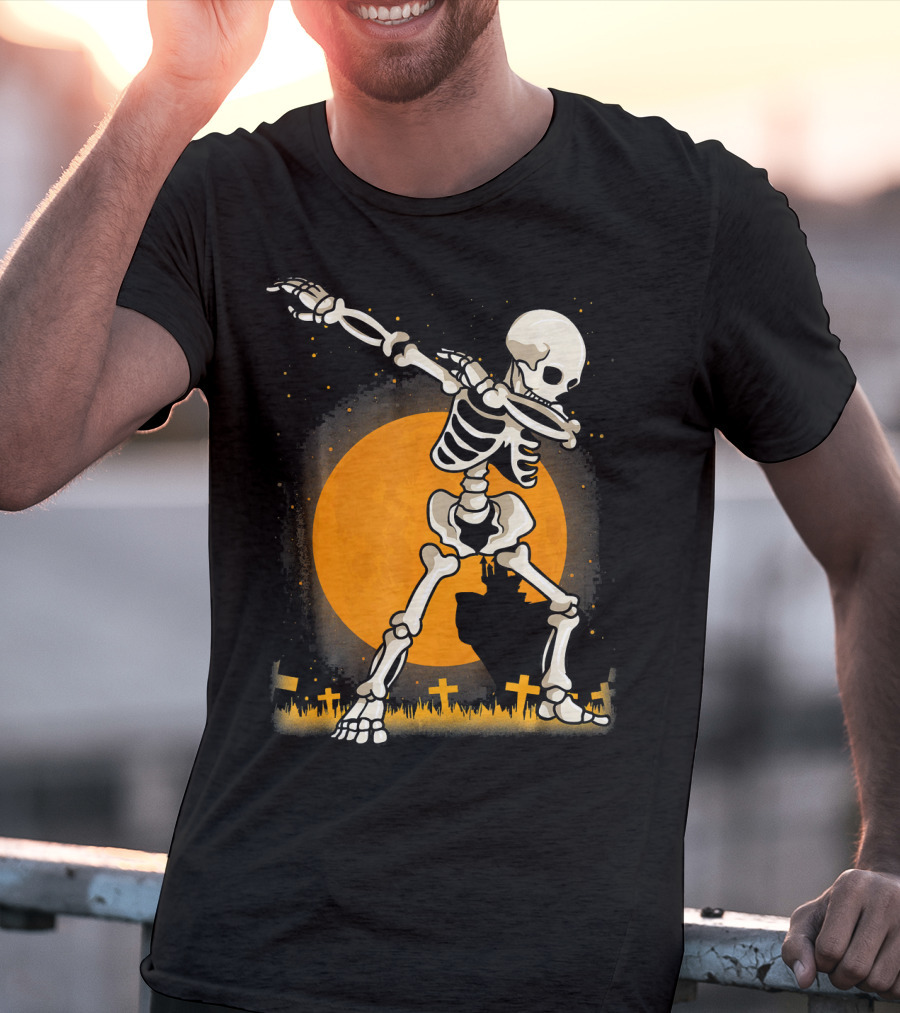 Halloween Skeleton Dabbing In Graveyard With Full Moon T-Shirt