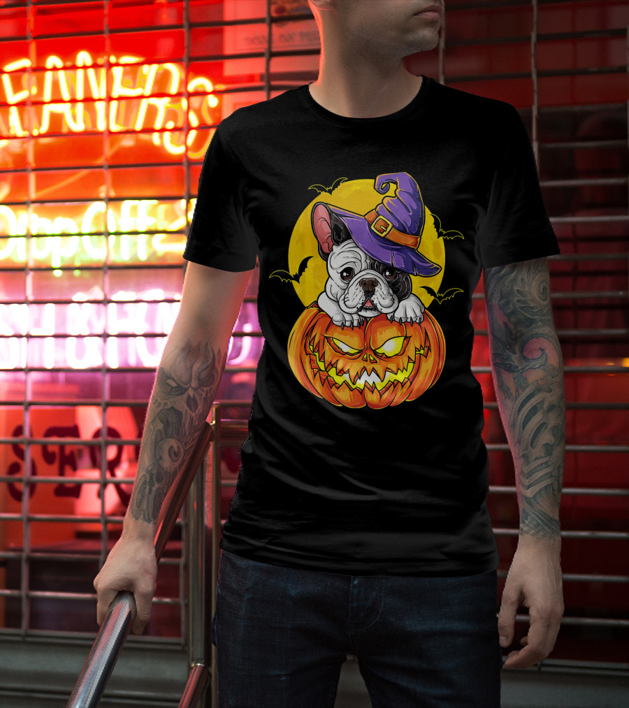 Halloween French Bulldog Witch In Pumpkin With Full Moon And Bats T-Shirt
