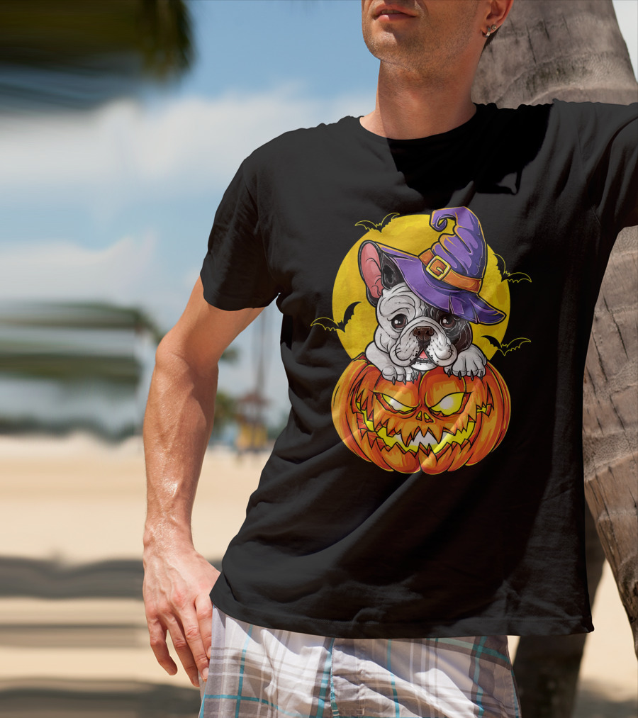 Halloween French Bulldog Witch In Pumpkin With Full Moon And Bats T-Shirt