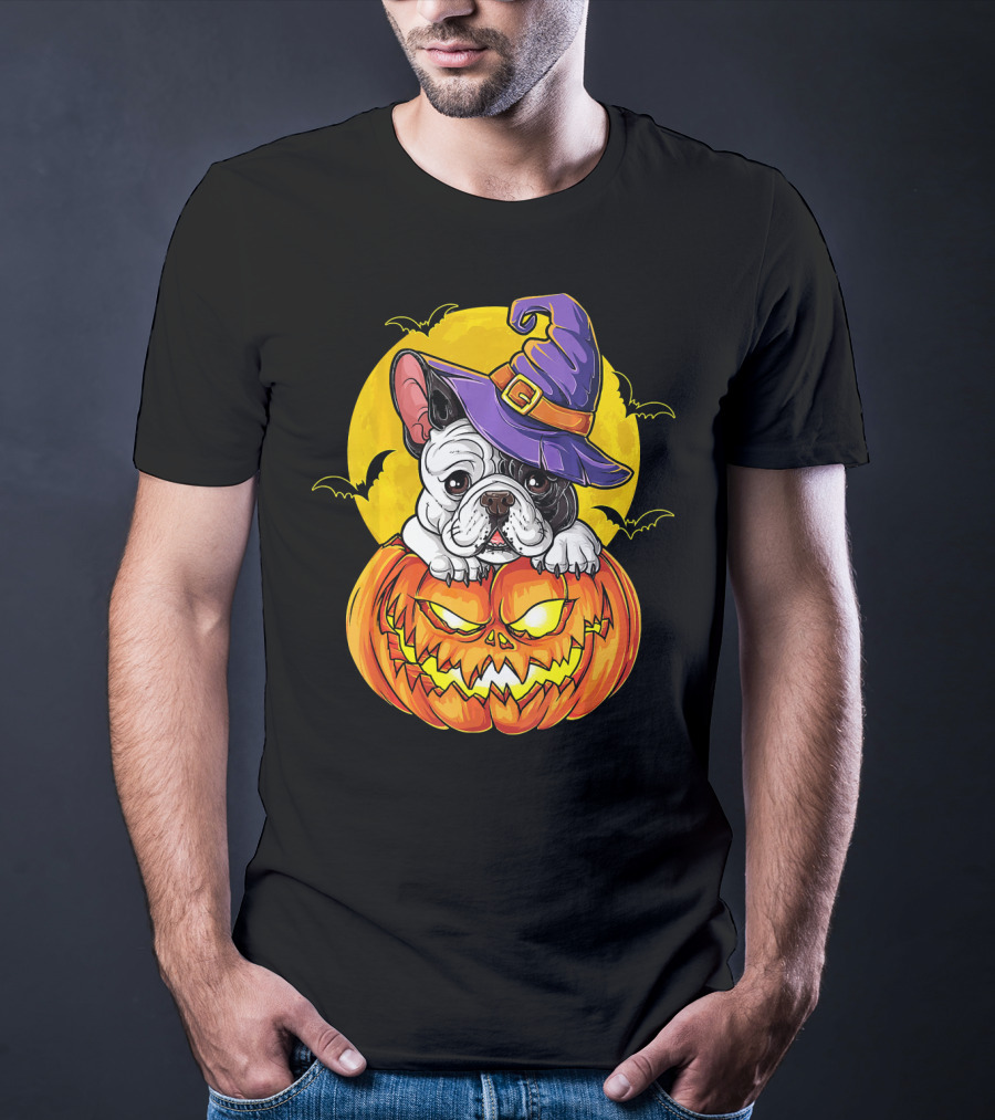 Halloween French Bulldog Witch In Pumpkin With Full Moon And Bats T-Shirt