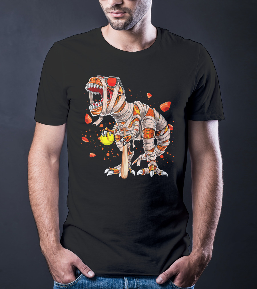 Mummy Dinosaur Playing Softball With Bat And Ball T-Shirt