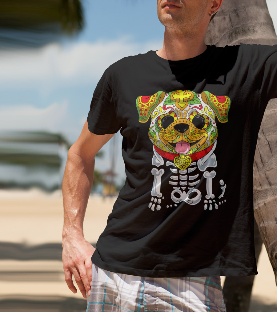 Dia De Los Muertos And Halloween Sugar Skull Dog Skeleton T-Shirt