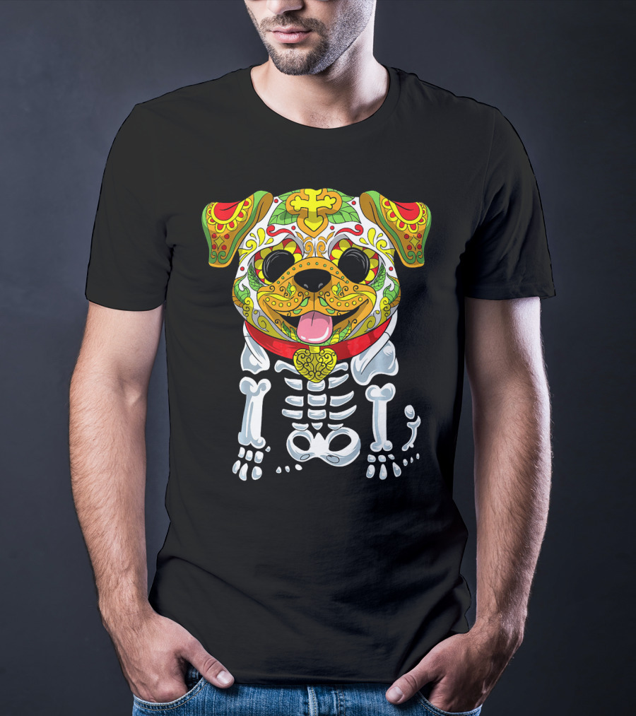 Dia De Los Muertos And Halloween Sugar Skull Dog Skeleton T-Shirt