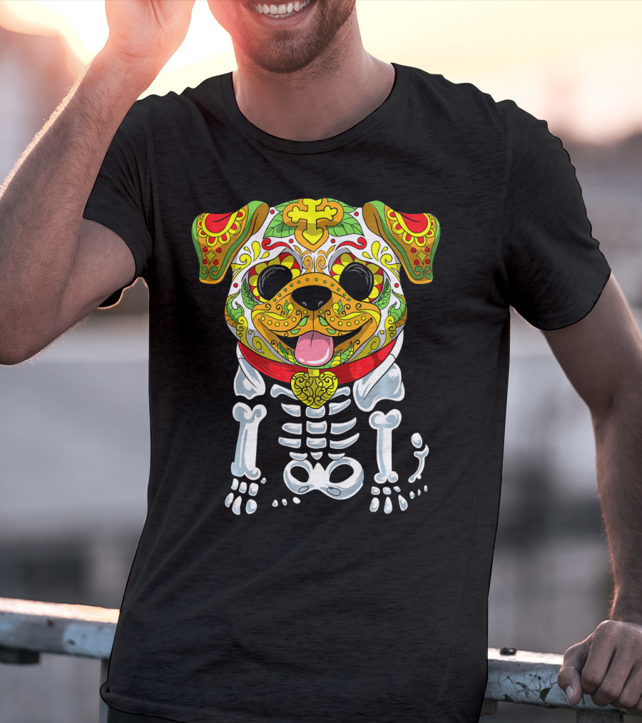 Dia De Los Muertos And Halloween Sugar Skull Dog Skeleton T-Shirt