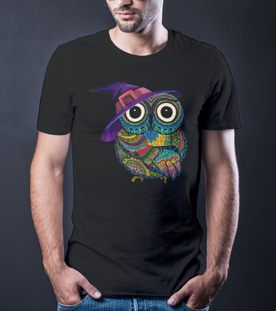Colorful Owl With Witch Hat In Halloween Costume Fun T-Shirt