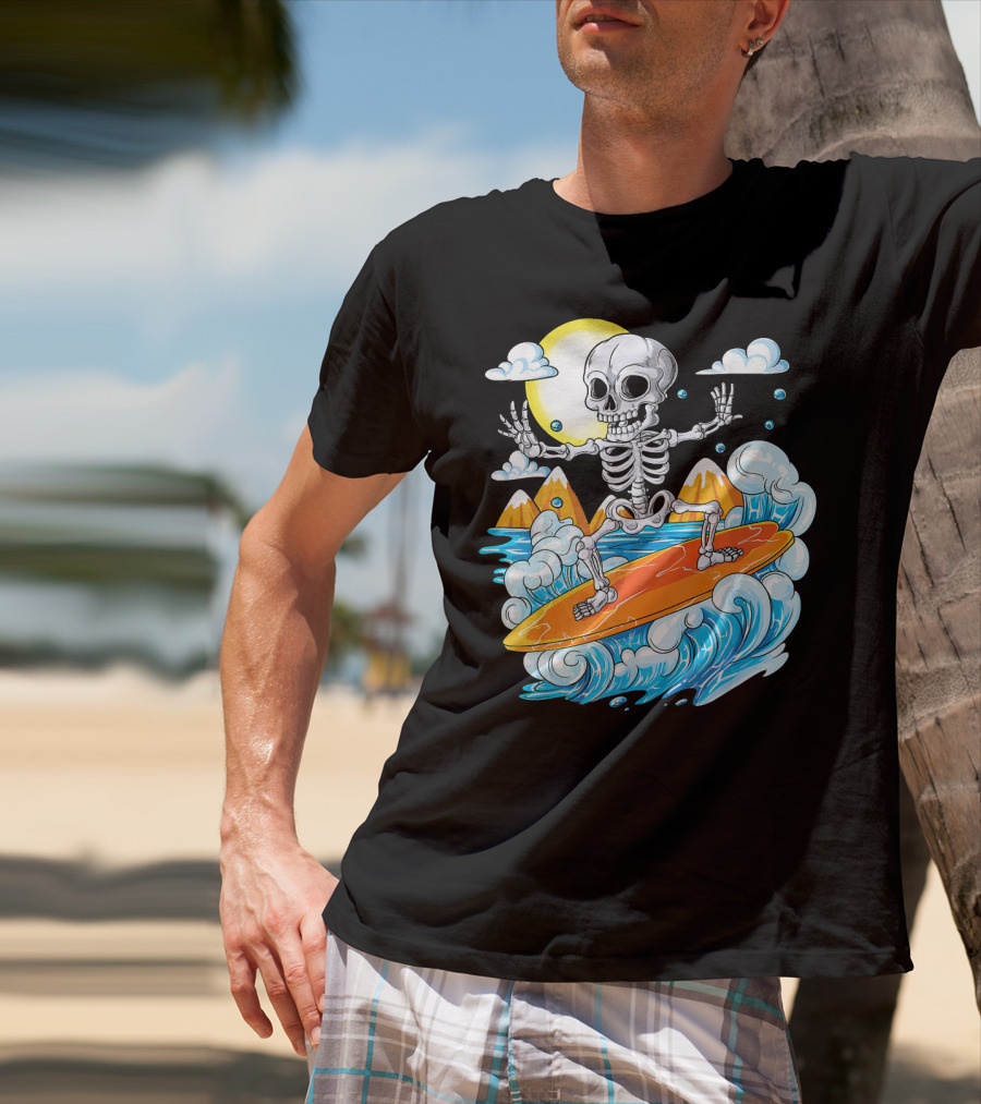 Skeleton Surfing Halloween On Hawaiian Waves With Sun And Clouds T-Shirt