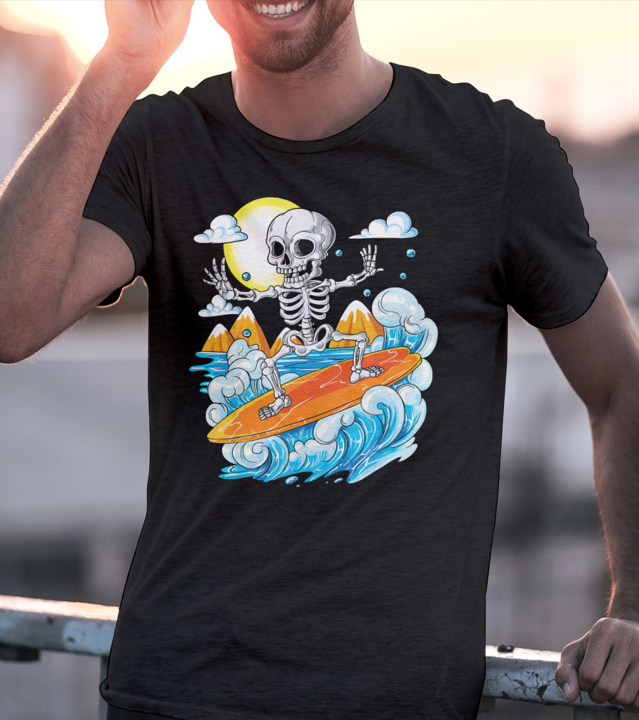 Skeleton Surfing Halloween On Hawaiian Waves With Sun And Clouds T-Shirt