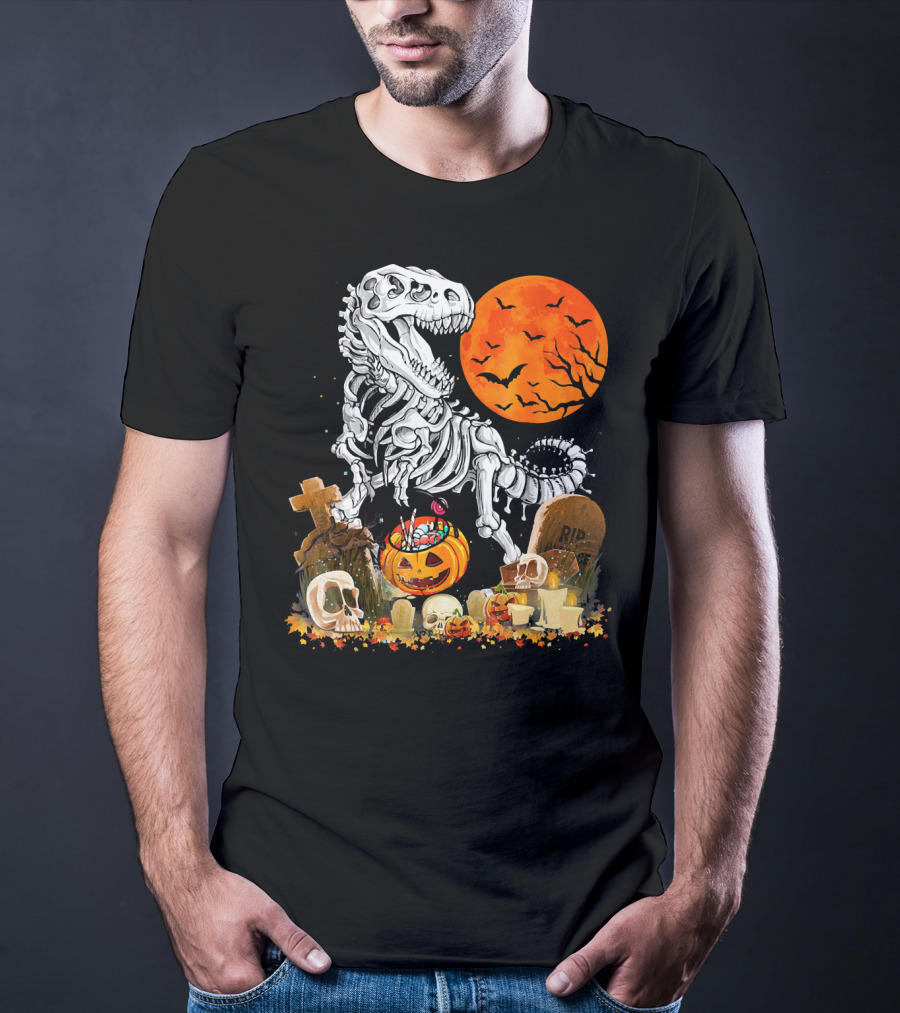 Halloween Dinosaur Rex Skeleton With Pumpkin And Full Moon T-Shirt