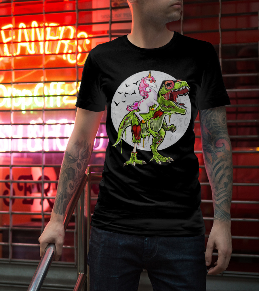 Funny Halloween Unicorn Riding Zombie Dinosaur With Bats And Full Moon T-Shirt