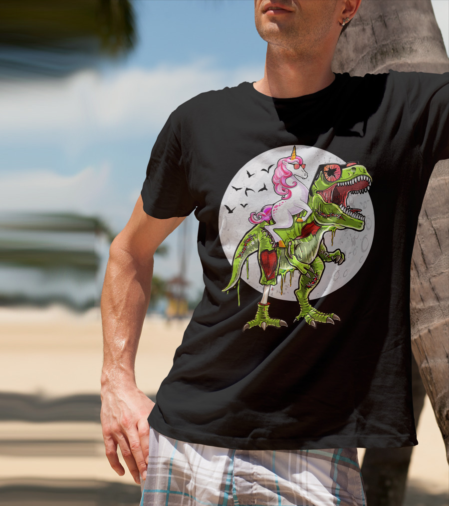 Funny Halloween Unicorn Riding Zombie Dinosaur With Bats And Full Moon T-Shirt