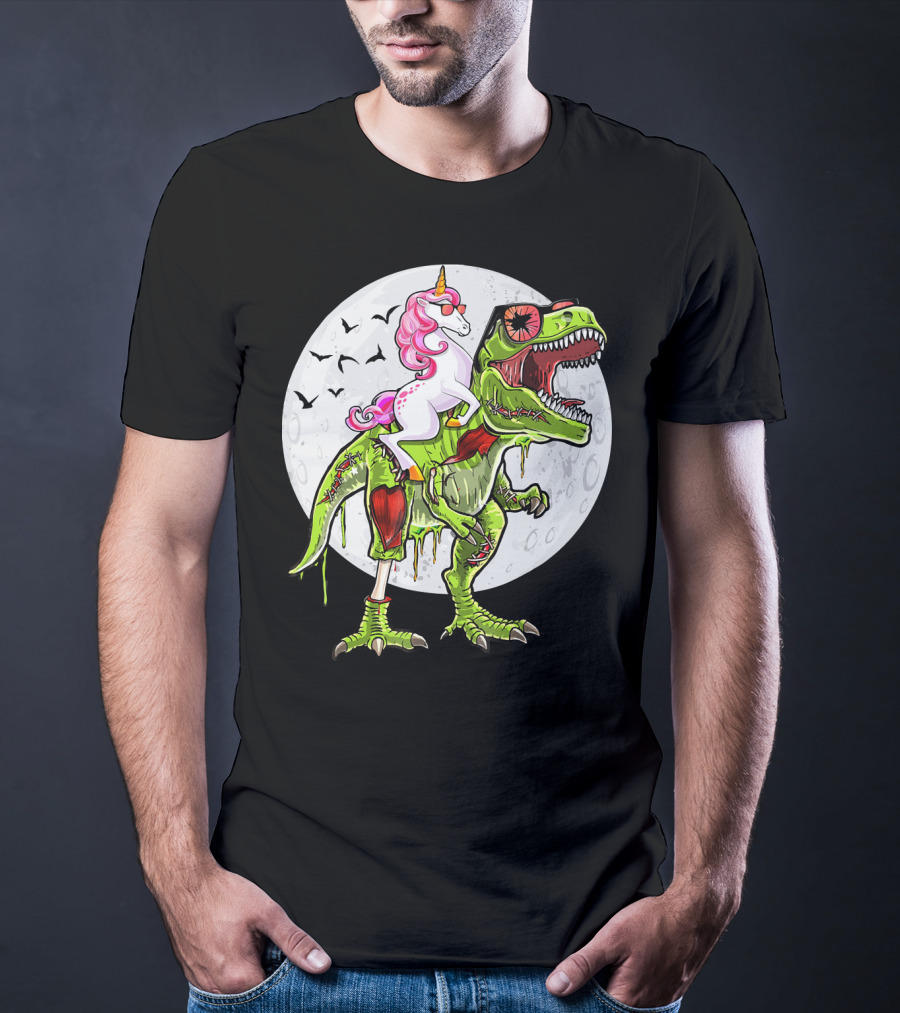 Funny Halloween Unicorn Riding Zombie Dinosaur With Bats And Full Moon T-Shirt