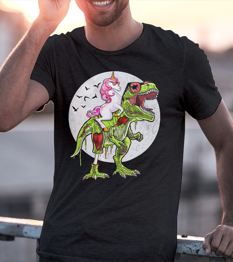 Funny Halloween Unicorn Riding Zombie Dinosaur With Bats And Full Moon T-Shirt