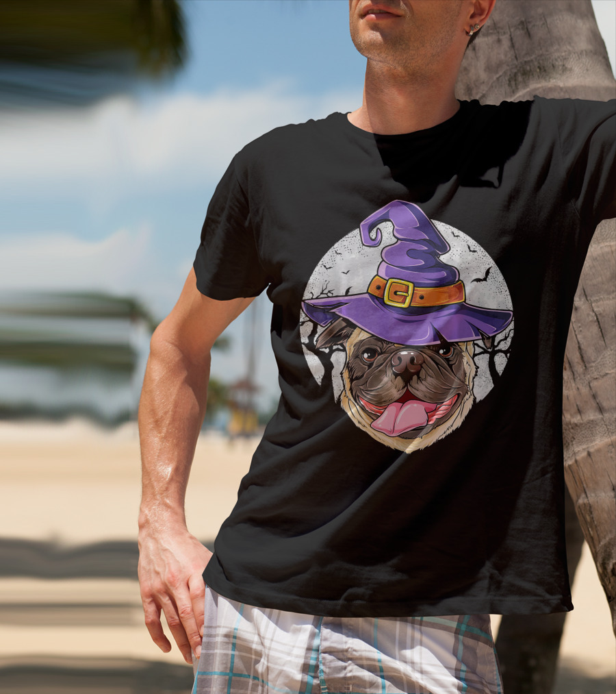 Pug Witch Hat Halloween Moon Bats Forest T-Shirt